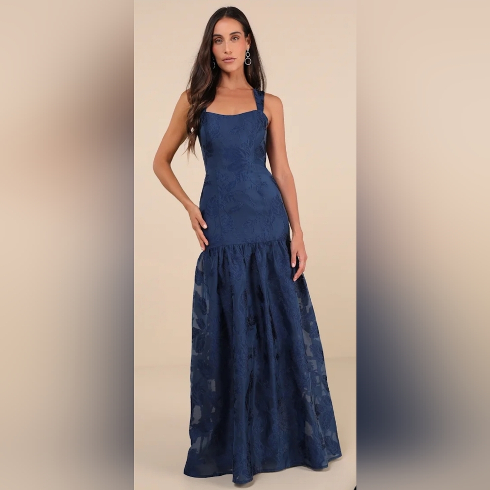Opulent Aura Navy Floral Jacquard Tie-Back Drop Waist Maxi Dress/Never Worn